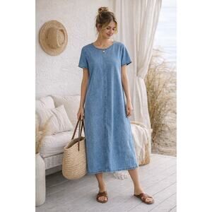 Vintage Russ Berens Malibu Denim Dress Medium Minimalist 90s Coastal Midi Blue